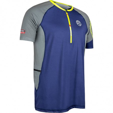 T-Shirt Running KINETIK Homme Falkom SS ZIP Bleu / Gris / Jaune PE 2019
