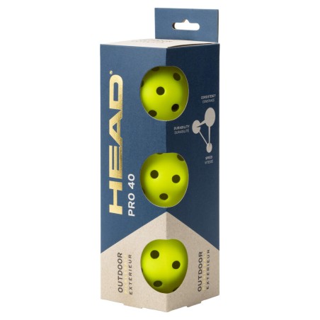 Tube de 3 balles Pickleball HEAD PRO 40 Outdoor 