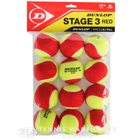 Sachet de 12 balles Mousses Feutrées DUNLOP Stage 3 Red 